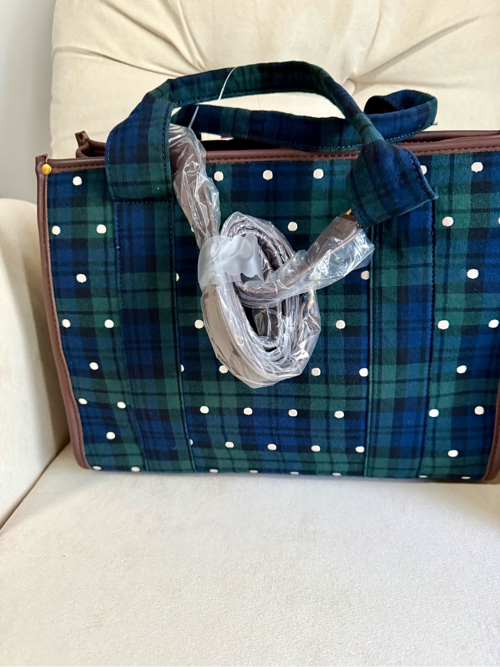 Betsey Johnson Green & Blue Plaid Polka Dot Tote with Brown Trim - Picture 2 of 5